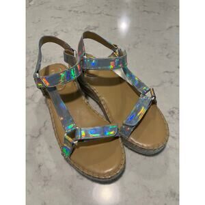 Nine West Women’s Glampin Wedge Espadrille‎ Casual Sandals Size 9.5 Beige Silver